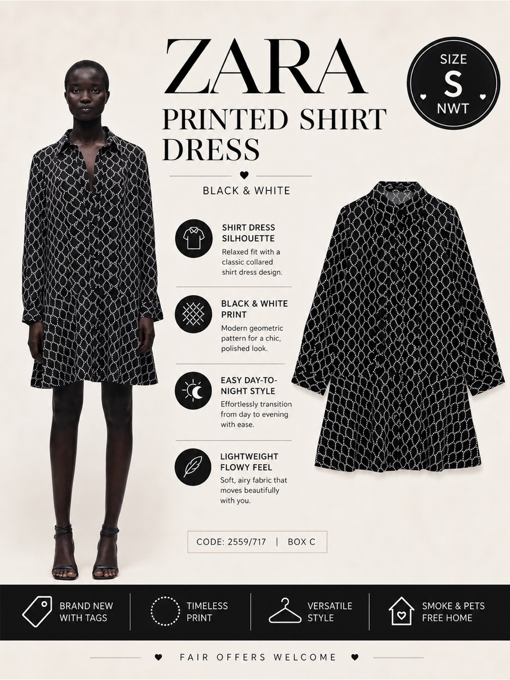 ZARA Black White Printed Shirt Dress Size S NWT Long Sleeve Collared Mini Dress